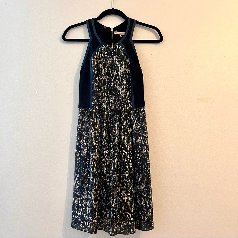Rebecca Taylor Navy Blue Yellow Geometric Dress Sz 2